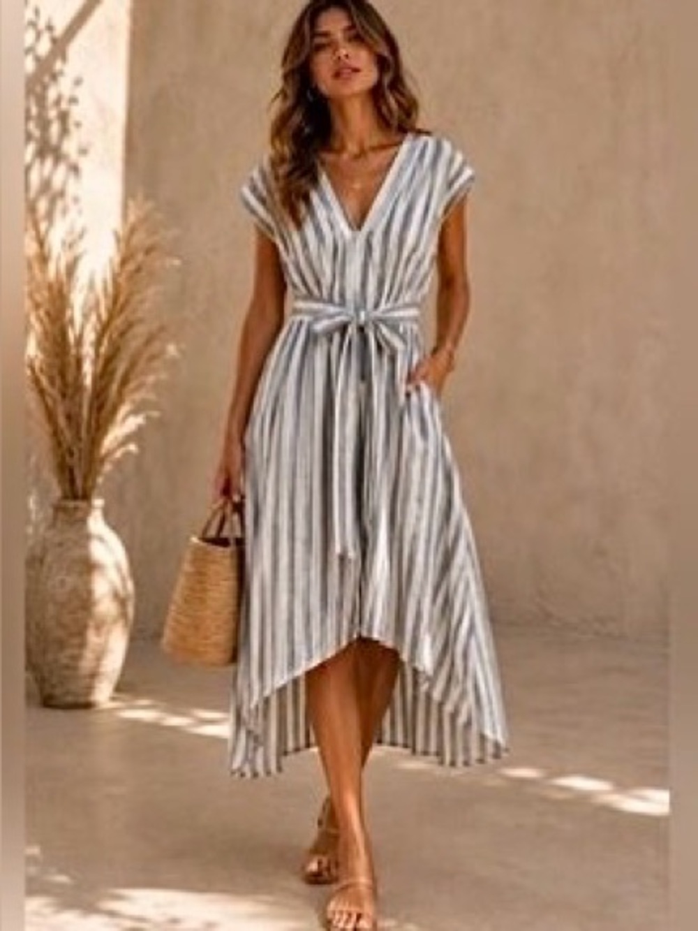 Max Studio Striped V Neckline Casual Dress